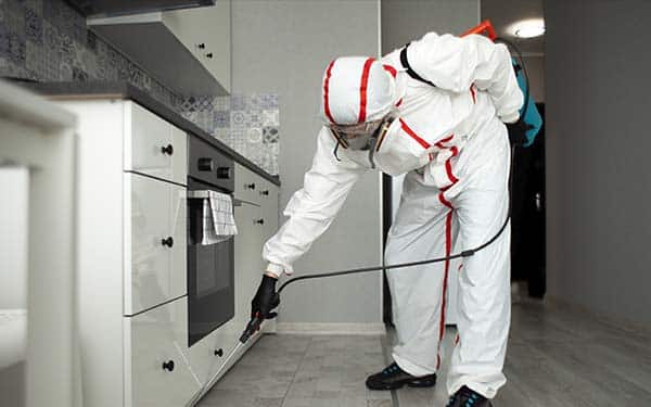 Someone in a hazard suit doing pest control in a kitchen.