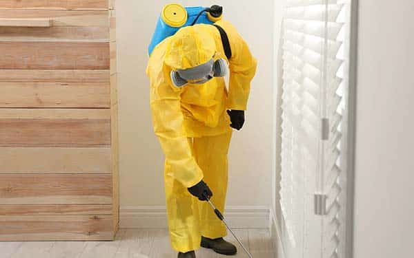 Someone in a yellow hazard suit doing pest control indoors.